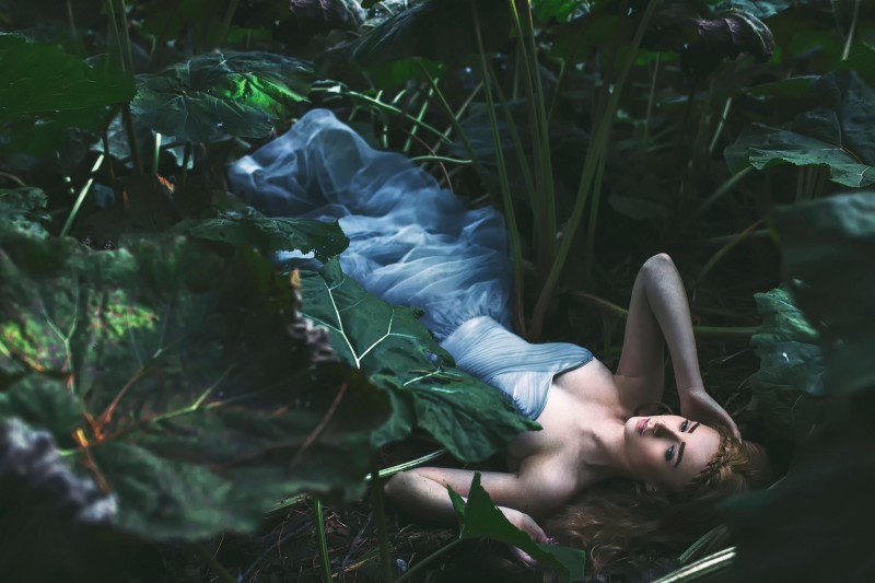 Blonde, Model, Lying Down, Dress, Forest, Big Leaves Wallpaper