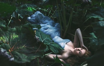 Blonde, Model, Lying Down, Dress, Forest, Big Leaves Wallpaper