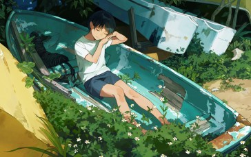 Anime Boy, Sleepy, Boat, Foliage, Bushes Wallpaper