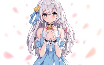 Shy Expression, Anime Girl, White Hair, Blushes, Blue Dress Wallpaper