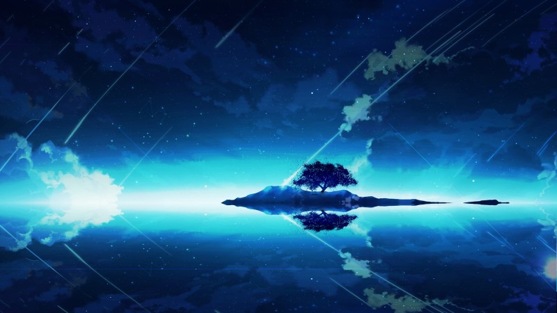 Anime Landscape, Lonely Tree, Reflection, Water, Cloud Wallpaper