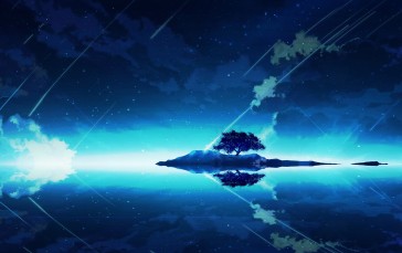 Anime Landscape, Lonely Tree, Reflection, Water, Cloud Wallpaper