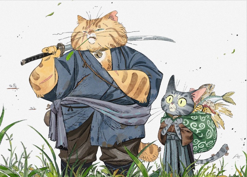 Samurai, Feline, Fish, Grass Wallpaper