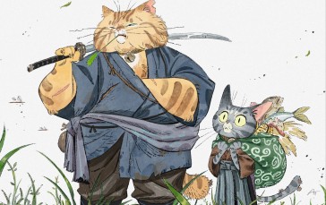 Samurai, Feline, Fish, Grass Wallpaper