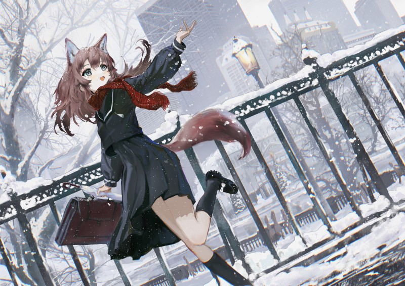 Snow, Fence, Cityscape, Anime School Girl Wallpaper
