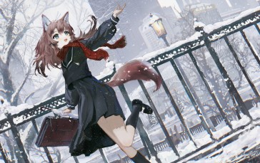 Snow, Fence, Cityscape, Anime School Girl Wallpaper
