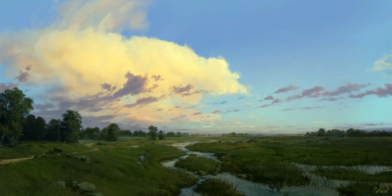 Wetland, Scenery, Clouds, Artwork, Water Wallpaper