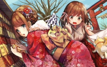 Anime Girls, Shrine, Kimono, Brown Hair Wallpaper