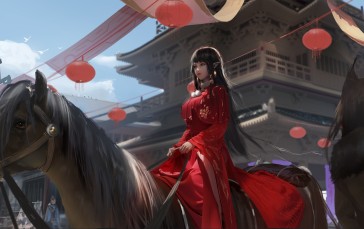 Beautiful Anime Girl, Elf Ears, Horse, Red Dress, Chinese Buildings Wallpaper