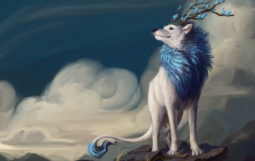 Fantasy Wolf, Smiling, Horns, Clouds, Tail Wallpaper