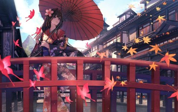 Pretty Anime Girl, Kimono, Umbrella, Fence, Bridge, Anime Wallpaper
