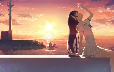 Anime Girl, Sea, Profile View, Sunset Wallpaper