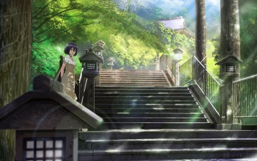 Anime Girl, Stairs, Trees, Nature, Scenic Wallpaper