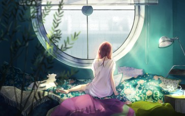 Anime Girl, Aqua Room, Cat, Yawn Wallpaper