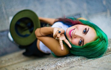 Green Hair, Model, Blue Eyes, Smiling, Top View, Dyed Hair Wallpaper
