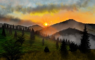 Sunset, Hills, Mist, Clouds, Landscape Wallpaper