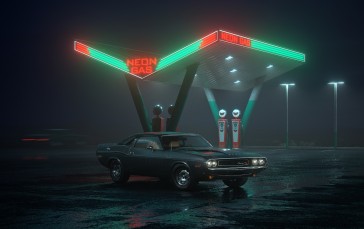 Futuristic City, Retro Car, Gas Station, Fantasy Art Wallpaper