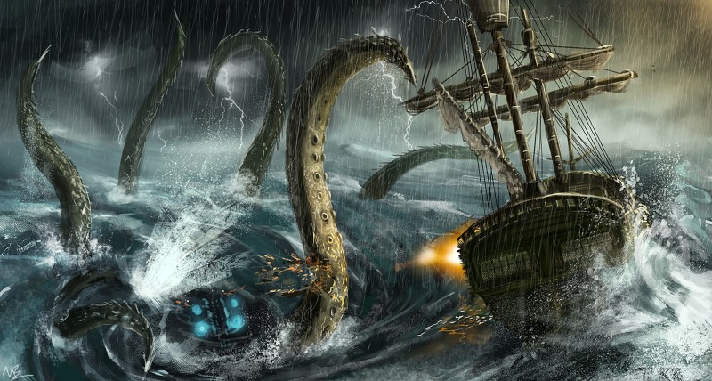 Sea Monster, Boat, Ocean, Lightning Wallpaper