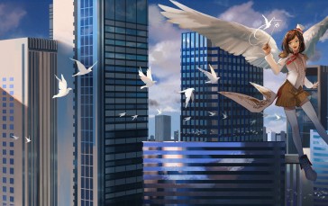 Anime Angel Girl, Buildings, Wings, Birds, Sky, Anime Wallpaper