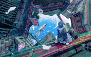 Anime School Girl, Destruction, Back View, Sky, Cityscape, Anime Wallpaper