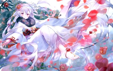 Pretty Anime Girl, Kimono, Winter, Petals, Gray Hair Wallpaper