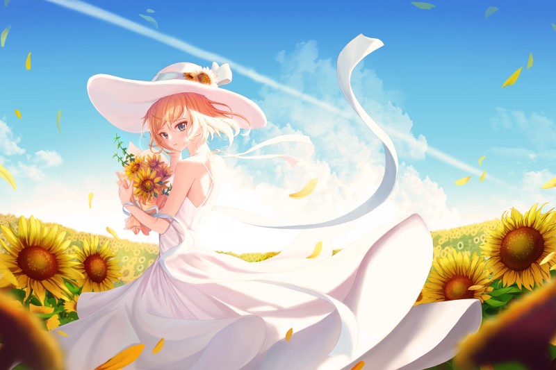 Beautiful Anime Girl, Sundress, Sunflower Field, Summer Wallpaper