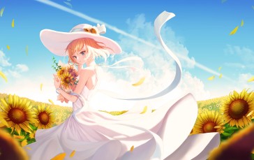 Beautiful Anime Girl, Sundress, Sunflower Field, Summer Wallpaper