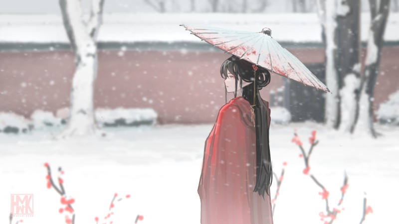 Hua Ming Wink, Original Characters, Chinese Clothing, Umbrella, Snow, Plum Blossom Wallpaper