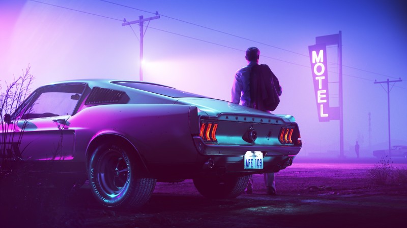 Ford Mustang, Retrowave, Neon Lights, Vehicle Wallpaper