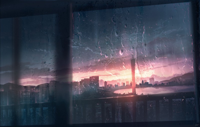 Anime Landscape, Sunset, Raining, Cityscape, Sunset, Buildings Wallpaper