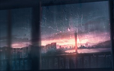 Anime Landscape, Sunset, Raining, Cityscape, Sunset, Buildings Wallpaper