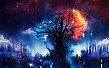 Fantasy World, Fairies, Tree, Nebula Wallpaper
