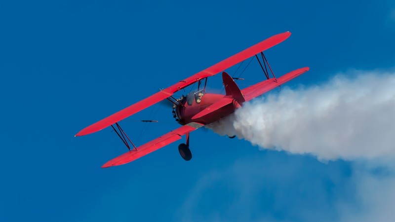 Red Biplane, Smoke, Boeing, Clear Sky, Vehicle Wallpaper