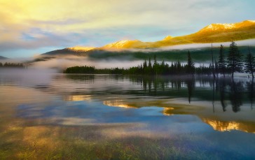 China, Kanas Lake, Mist, Reflection, Sunset Wallpaper
