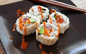 Sushi, Japanese Cousine, Rice, Chopsticks, Ketchup Wallpaper