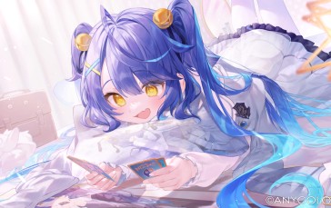 Amamiya Kokoro, Blue Hair, Bed, Happy, Smiling, Nijisanji Wallpaper