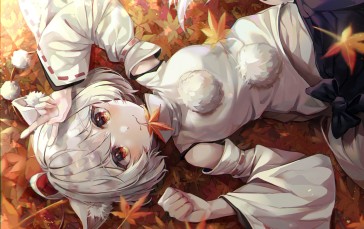 Inubashiri Momiji, Touhou, Lying Down, Short White Hair, Anime Wolf Girl, Autumn Wallpaper