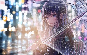 Umbrella, Rain, Anime Girls, Lights Wallpaper