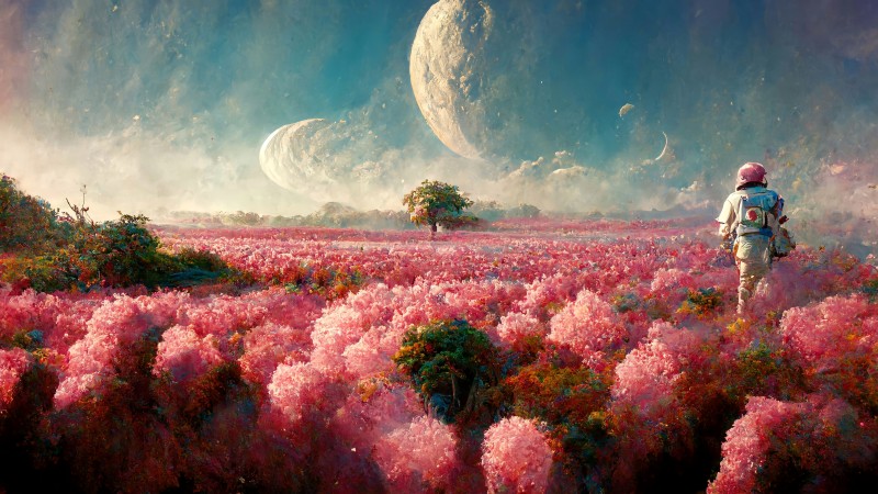 Moon, Space, Field, Painting, AI Art, Trees Wallpaper