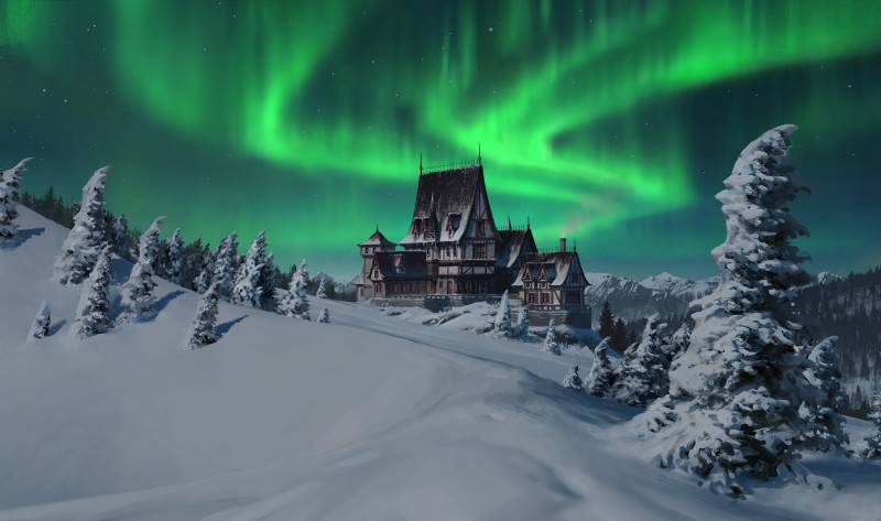 Northern Lights, Aurora Borealis, Fantasy Landscape, Snow, House, Scenery Wallpaper