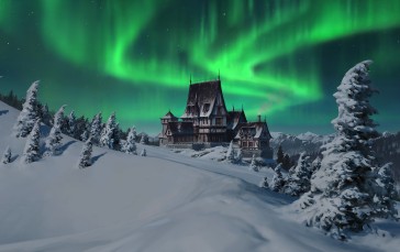 Northern Lights, Aurora Borealis, Fantasy Landscape, Snow, House, Scenery Wallpaper