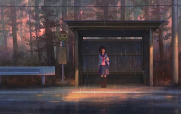 Anime Girl, Bus Stop, Raining, School Uniform Wallpaper