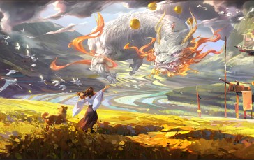 Fantasy Dragon, Flying, Fantasy Girl, Creature, Puppy, Field Wallpaper