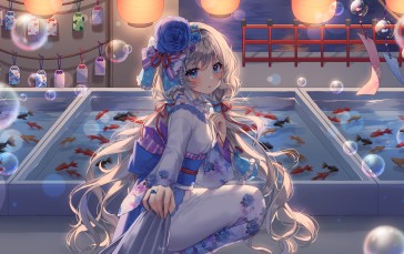 Pretty Anime Girl, Yukata, Twintails, Cute, Fishes, Festival Wallpaper