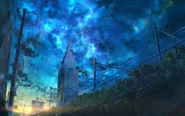 Anime Skyscraper, Night, Stars, Scenic Wallpaper