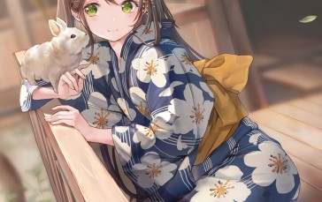 Cute Anime Girl, Kimono, Blushes, Rabbit, Pet Wallpaper