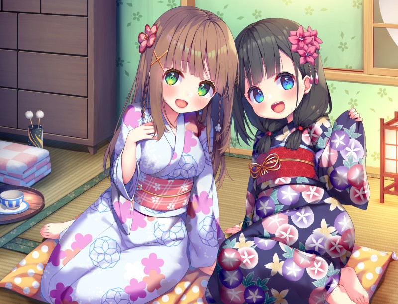 Anime Girls, Friends, Yukata, Japanese Room, Twintails Wallpaper