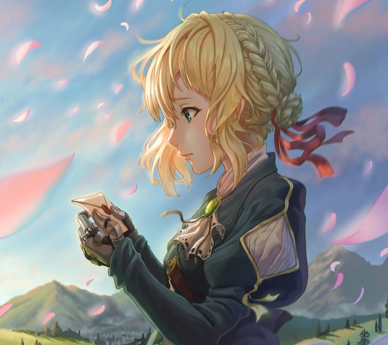 Violet Evergarden, Blonde, Letter, Petals, Profile View, Anime Wallpaper