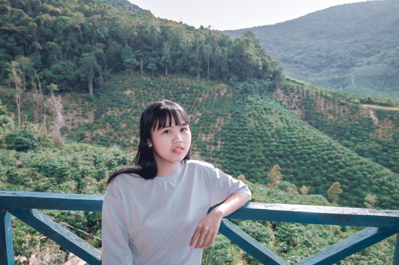 Asian Field, Fence, Mountain, Trees, Women Wallpaper