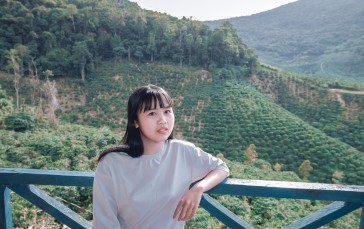 Asian Field, Fence, Mountain, Trees, Women Wallpaper